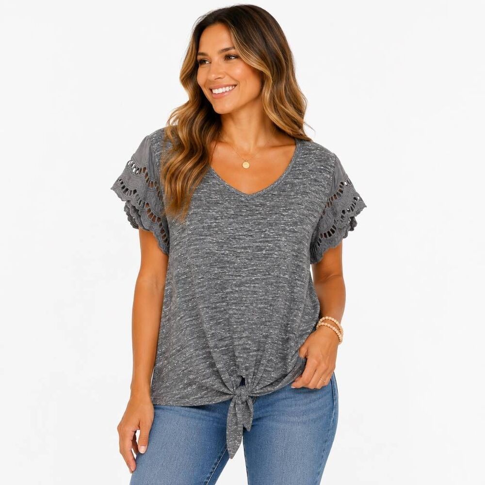 Maurices 1X Gray Lace Sleeve Tie Front Knit Top Plus